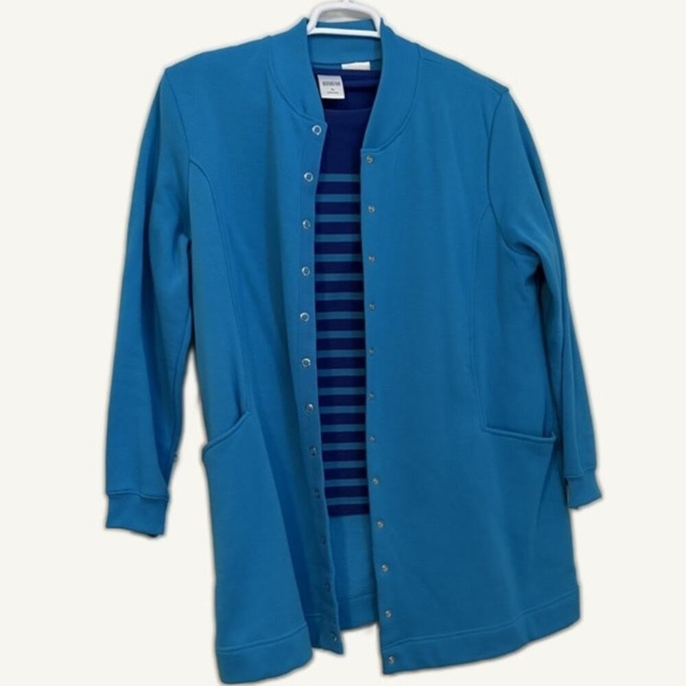 Bedford Fair XL Navy Teal Striped Top & Solid Teal Button Coat 2-Piece Set